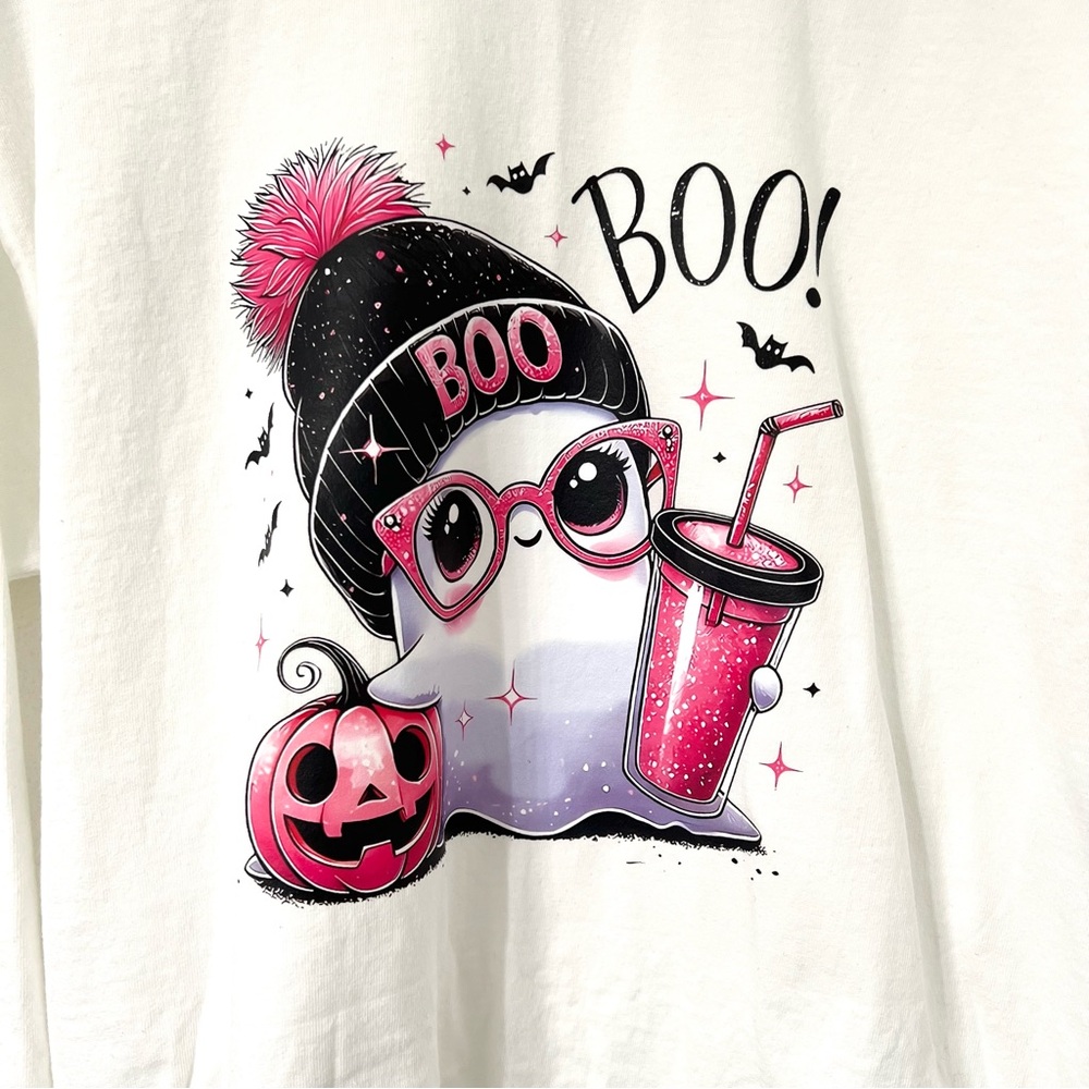 Boo Ghost Halloween Long Sleeve T-Shirt | Cute Pink Spooky Graphic Tee - Picture 5 of 5